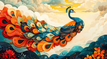 Obraz premium Colorful Peacock Soaring Above Mountains; Nature Illustration