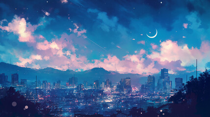 Obraz premium 星々と月が描く都会の夜空｜夢見るような夜景イラスト。優しい水彩画タッチの美しいアート。