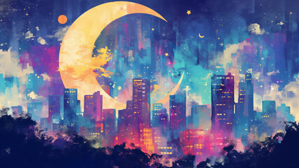 Obraz premium 煌めく星空と三日月が輝く幻想的な夜景イラスト。優しい水彩画タッチの美しいアート。