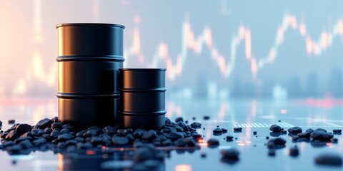 Black oil barrels on coal pieces with stock market chart in blue lighting. Energy commodities trading background. Industrial fuel price concept with data visualization