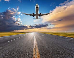 an airplane approaches landing on a runway under a vibrant sky filled with clouds