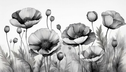 a minimalist watercolor illustration of poppy flowers in grayscale highlighting their delicate form and timeless beauty