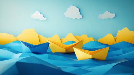 Incredible ukrainian ukraine flag color paper boats. Cloud Harbor. Illustration