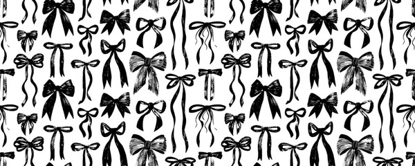 Seamless pattern with crayon drawn croquette bows. Hand drawn ribbons and bows wrapping paper. Funky retro girly seamless pattern. Cute coquette background with vector ribbons.