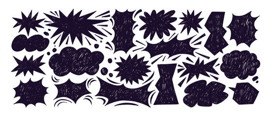 Set of crayon drawn black speech bubbles, talk balloons with pencil texture. Hand drawn vector explosion balloons.