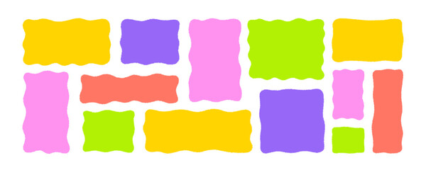 Set of colorful wavy organic rectangles and squares. Hand drawn vector geometrical shapes, funky frames for text and pictures. Empty speech bubbles. Irregular organic shapes for social media stories.