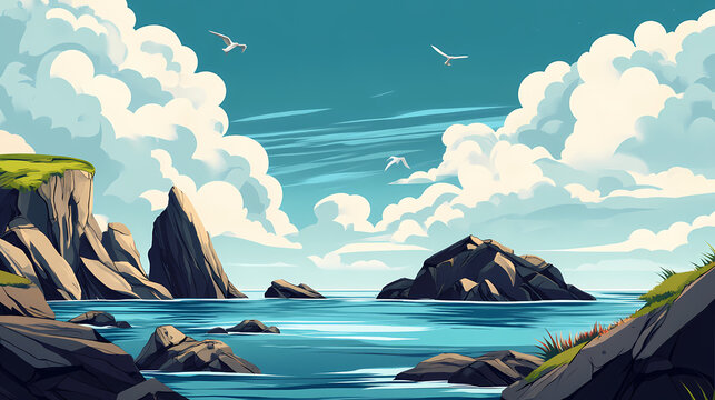 Stunning coastal landscape featuring rocky shores and dramatic, rolling clouds above the harbor, coastal landscape with rocky shores and dramatic clouds above the harbor. Cloud Harbor. Illustration