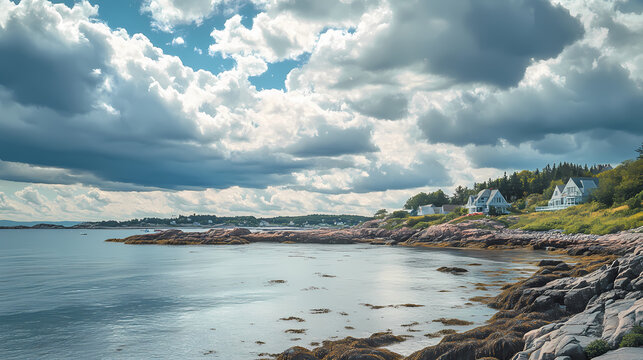Stunning coastal landscape featuring rocky shores and dramatic, rolling clouds above the harbor, coastal landscape with rocky shores and dramatic clouds above the harbor. Cloud Harbor. Illustration