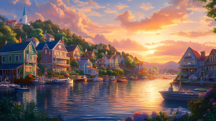 Vibrant coastal village at sunset: a picturesque harbor town with colorful houses and tranquil waters, bathed in the warm glow of the setting sun. Cloud Harbor. Illustration