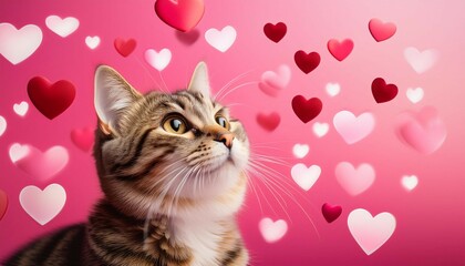 playful valentine s day cat background concept a cute cat gazes upward with floating hearts against a vibrant pink background evoking a sense of love and whimsy