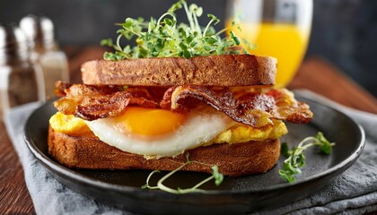 delicious gourmet sandwich featuring perfectly toasted slices of sourdough bread layered with golden brown fried egg thin slices of crispy bacon melted cheese and fresh microgreens
