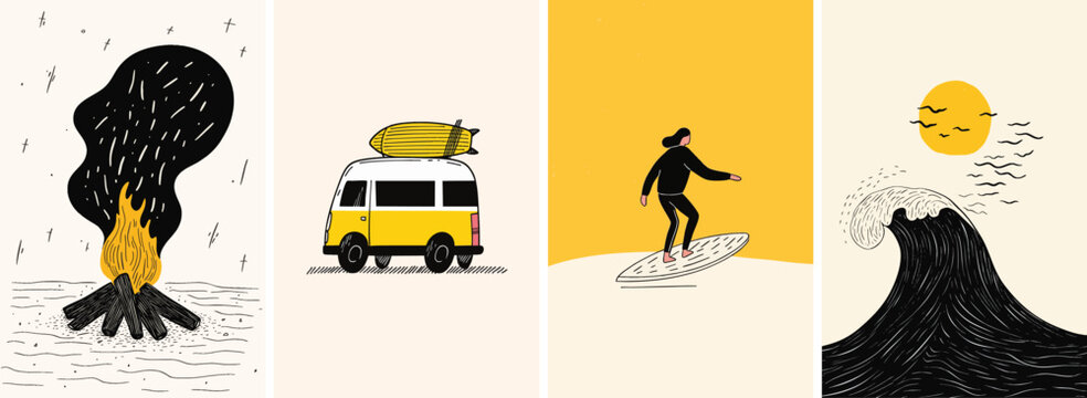 Hand drawn whimsical style summer surfing illustrations
