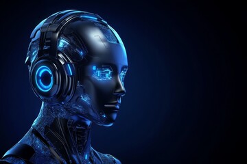 A futuristic robotic head with glowing features and headphones, set against a dark blue background, depicting advanced technology.