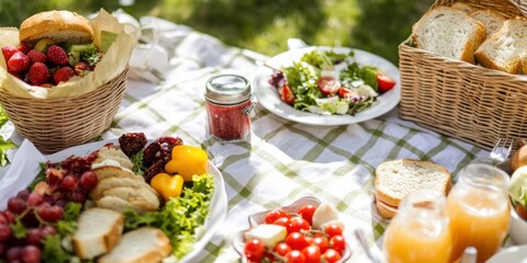 A lively outdoor picnic with vegetarian foods, featuring sandwiches, salads