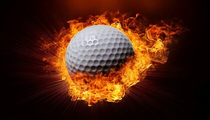 a flaming golf ball surrounded by intense flames against a dark background