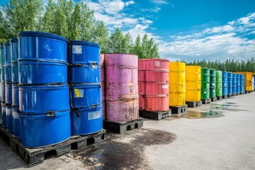 A vibrant array of stacked barrels in various colors, arranged neatly under a bright sky, showcasing industrial storage and organization.