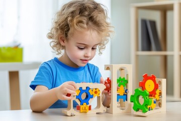 Fototapeta premium A young child engages with colorful gear toys, promoting creativity and fine motor skills in a bright, playful environment.