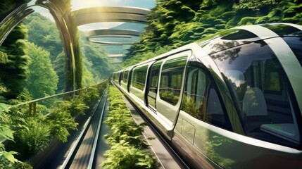 Futuristic train moving through green eco-friendly city with modern architecture