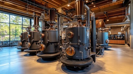 Modern coffee roasting facility showcasing sleek machines and natural light, with a vibrant outdoor view