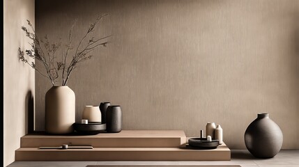 Modern minimalist interior design with decorative vases and trays on wooden pedestal
