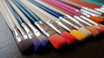 Fototapeta premium Colorful paint brushes lying on dark wooden table