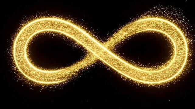 Radiant golden infinity loop formed by shimmering light particles. Cosmic energy, endless and timeless concept. Glowing golden infinity symbol with sparkling particles on a dark background.