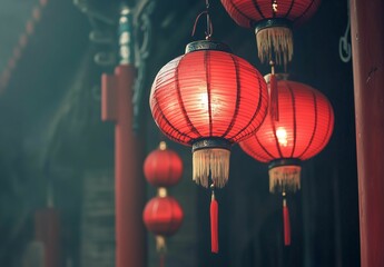 Red Lantern hanging in the background, a festival red atmosphere 