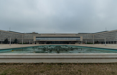 Front view of the Palace of Serbia building in New Belgrade, Serbia, in winter