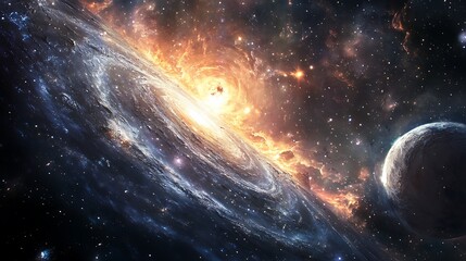 Obraz premium A vibrant galaxy with swirling stars and a distant planet.