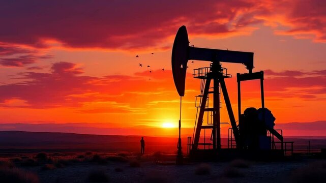 Oil pump jack silhouette against vibrant red sunset sky. Birds flying over industrial crude oil extraction site. Energy industry landscape at dusk with dramatic colors