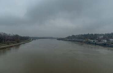 Scenic Belgrade vista viewed from the Brankov Bridge over Sava river in winter, Serbia