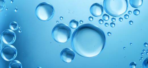 Obraz premium Blue drops and bubbles of clear water, blue abstract water background