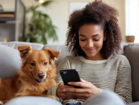 happy woman in home with dog