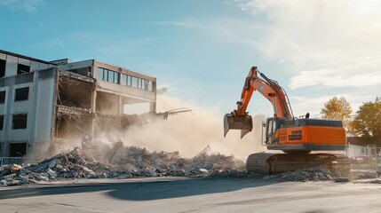 A dynamic shot of demolition specialists using excavators to demolish an old industrial building with precision, Industrial demolition scene, Controlled deconstruction style