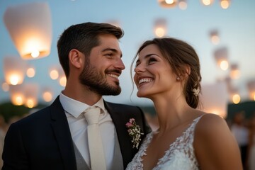 A romantic couple shares a joyous moment at their wedding, illuminated by floating lanterns in the enchanting evening sky, radiating love and celebration.