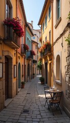 Cultural Streetscape: A Charming Old Town Alley with Colorful Buildings and Cobblestone Pathway