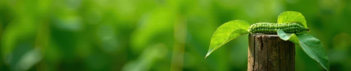 Fototapeta premium Soybean pod and leaves on a wooden fence post, agriculture, soybeans, nature
