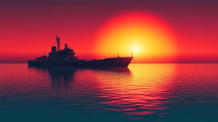 Obraz premium Silhouette of a naval ship against a vibrant sunset over calm ocean waters