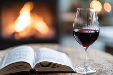 A dynamic scene captures a glass of wine and an open book beside a lively fireplace, suggesting warmth, comfort, and the joy of indulging in literature and fine drink.