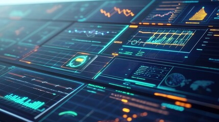 Solar power monitoring system, digital infographic data of green energy management app dashboard, clean renewable electricity technology, 3d rendering