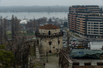 Scenic aerial Belgrade Fortress vista on a heavily overcast winter day, Serbia