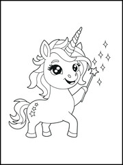 Illustration of a cute baby unicorn cartoon character. Black and white Printable Unicorn coloring page for kids.