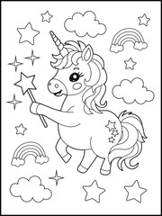 Illustration of a cute baby unicorn cartoon character. Black and white Printable Unicorn coloring page for kids.