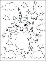 Illustration of a cute baby unicorn cartoon character. Black and white Printable Unicorn coloring page for kids.