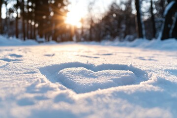 A striking heart-shaped impression in the glistening snow, warmly lit by the golden rays of the sun, representing love and harmony within a winter wonderland setting.