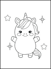 Illustration of a cute baby unicorn cartoon character. Black and white Printable Unicorn coloring page for kids.