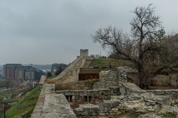Scenic Belgrade fortress ruins vista in winter, Serbia
