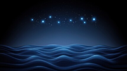 Fototapeta premium Abstract dark blue wavy ocean surface with glowing stars.