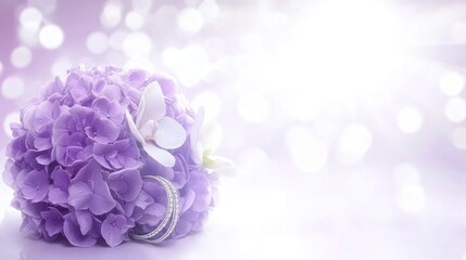 Fototapeta premium Lavender hydrangea bouquet with diamond rings on bright background.