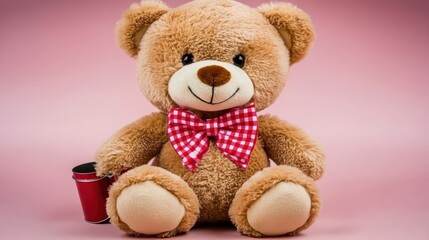 Obraz premium Cute teddy bear wearing a red bow tie and holding a small red bucket against a pink background.